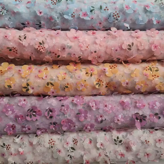 Blumennetzkleid, 3D-gedruckter Blumen-Laserschnitt-Stickerei-Tüll-Spitzenstoff