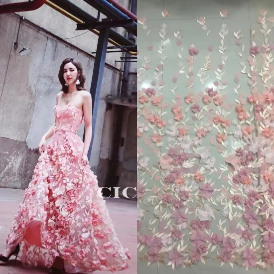 3D-Blumen-Applikation aus Organza, handbestickte Spitzenstoffe für Brautstoffe und modische Kleidungsstücke